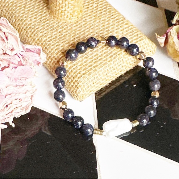 Sandstone gold hematite and baroque Biwa Pearl drop beaded bracelet boho - Picture 1 of 6